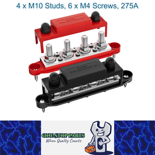 M10 Bus Bar 12V-48V 275A Power Distribution Block 4xM10 Posts Stud 6xM4 Terminal