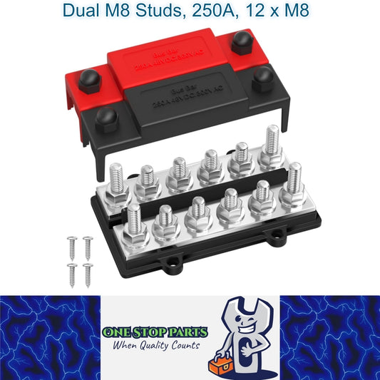 Dual M8 Bus Bar 12V-48V 250A Power Distribution Block 12xM8 Posts Studs Terminal