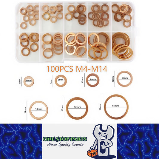 100 x Assorted Copper Sump Plug Washers M4 M5 M6 M8 M10-M14 Suits Most Vehicles