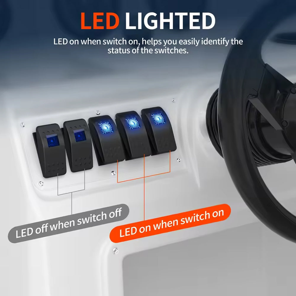 5 x Marine Boat LED Rocker Switch SPST 3 Pin ON/Off 12V 24V With Wires Stickers