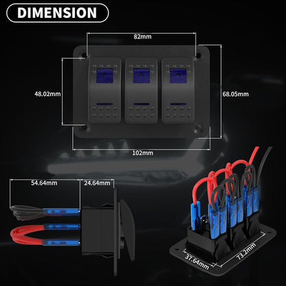 Pre Wired 3 Gang Switch Panel Blue LED Rocker Switch 12V 20A Panel Car Truck Mar