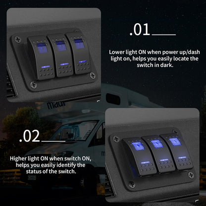 Pre Wired 3 Gang Switch Panel Blue LED Rocker Switch 12V 20A Panel Car Truck Mar