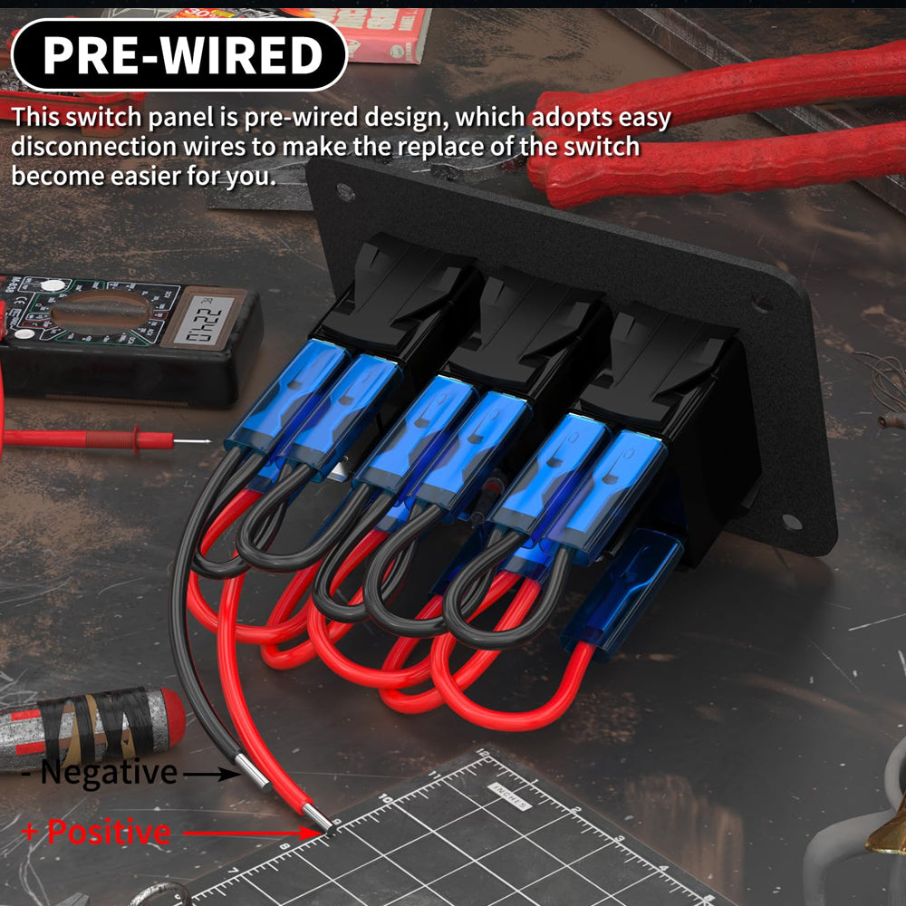 Pre Wired 3 Gang Switch Panel Blue LED Rocker Switch 12V 20A Panel Car Truck Mar