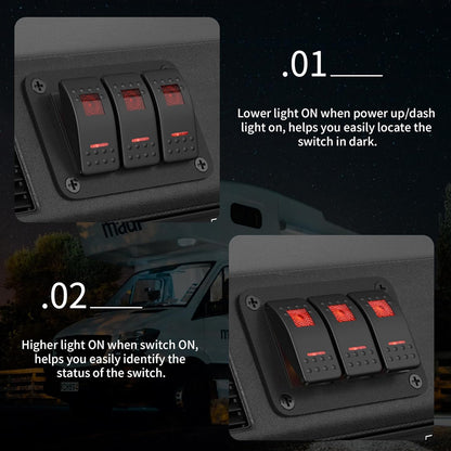 Pre Wired 3 Gang Switch Panel Red LED Rocker Switch 12V 20A Panel Car Truck Mar