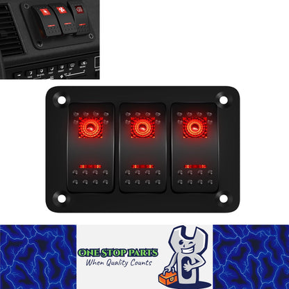 Pre Wired 3 Gang Switch Panel Red LED Rocker Switch 12V 20A Panel Car Truck Mar