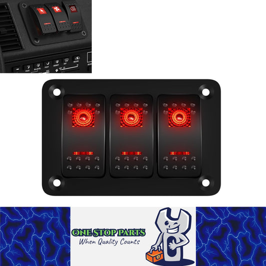 Pre Wired 3 Gang Switch Panel Red LED Rocker Switch 12V 20A Panel Car Truck Mar