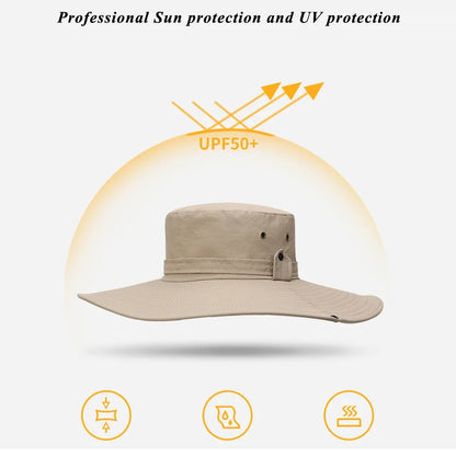 DarkBlue Men Anti-UV Sun Hat Wide Brim Mesh Panama Camping Hiking Fisherman Hat