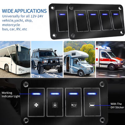 Metal 4 Gang Switch Panel LED Rocker Switch 12-24V Switch Panel Car Truck Marine