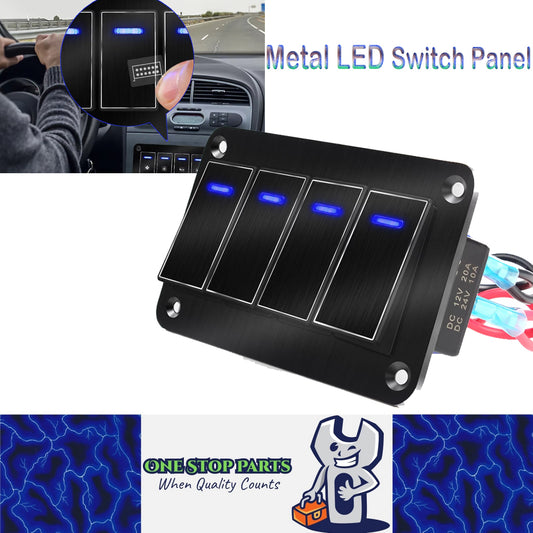 Metal 4 Gang Switch Panel LED Rocker Switch 12-24V Switch Panel Car Truck Marine