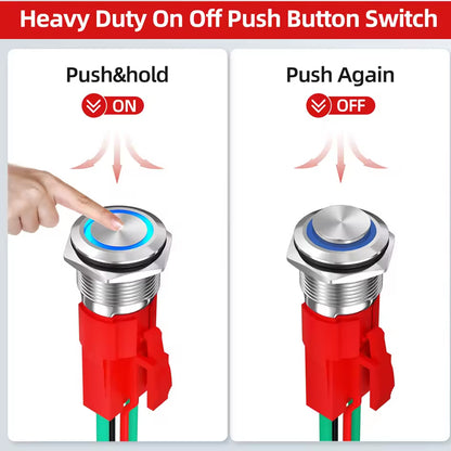 2 x 16mm Metal Push Button Switch Blue LED 12V 20A Pre Wired Self-Locking Switch