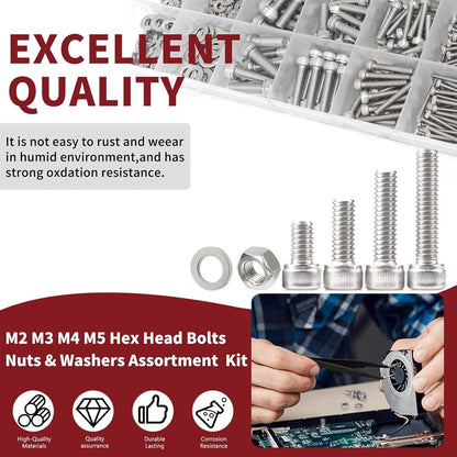 918pcs Hex Bolt Nut Washer Assortment Kit M2 M3 M4 M5 304 Stainless Steel Screw