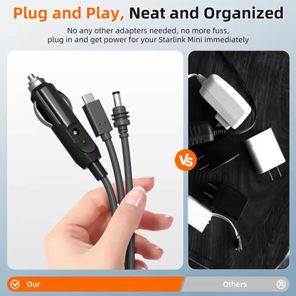 10M Starlink Mini 3-in-1 DC Power Cable to USB C Cigarette Lighter Plug DC Male