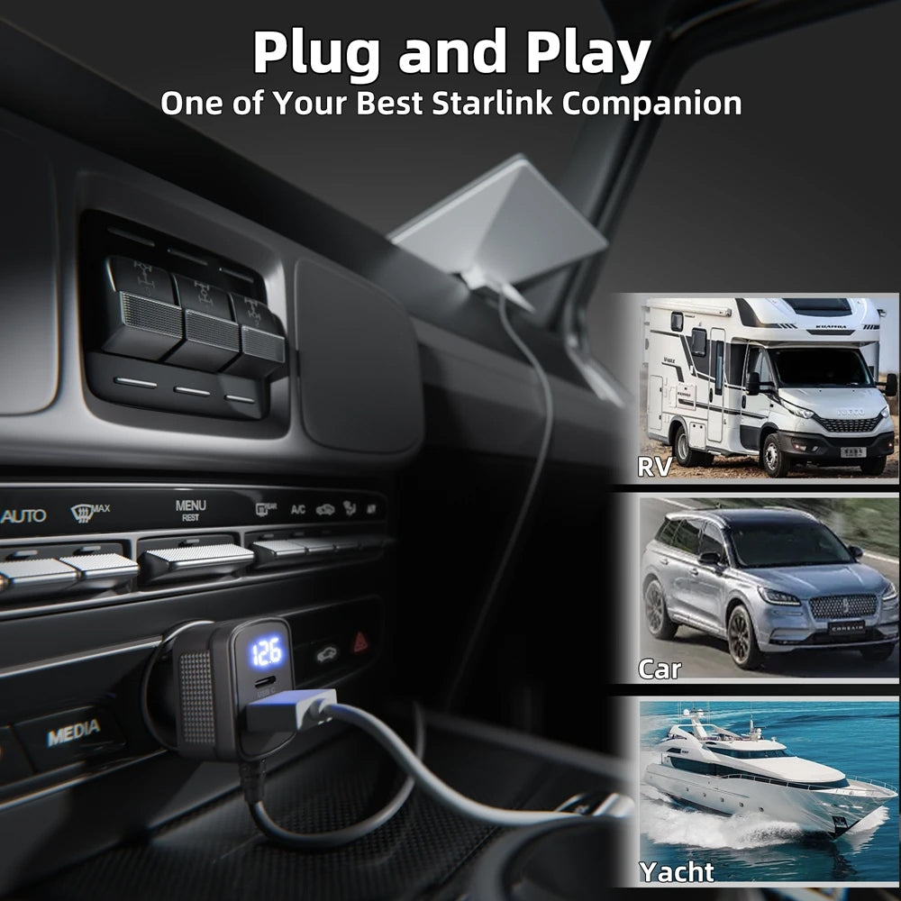 3M Starlink Mini Cable DC to Cigarette Lighter Plug with QC3.0 Type C &Voltmeter