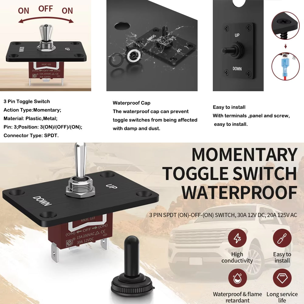 Momentary 12V 30A Toggle Switch ON/Off/ON 3 Pin SPDT With UP/Down Mounting Plate