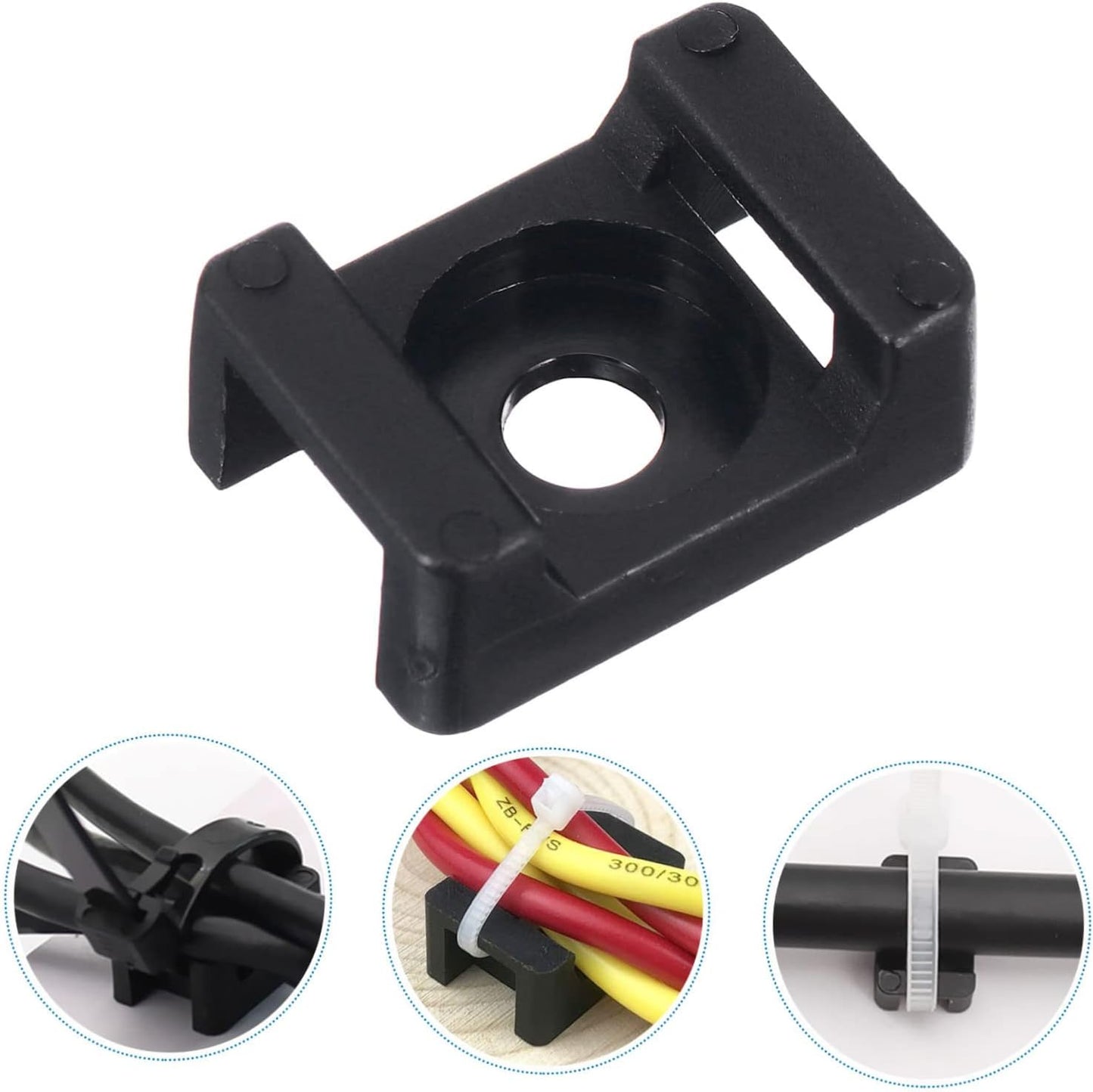 100 X Black Cable tie Mounts Plastic 5.4mm Centre screw or pop rivet base