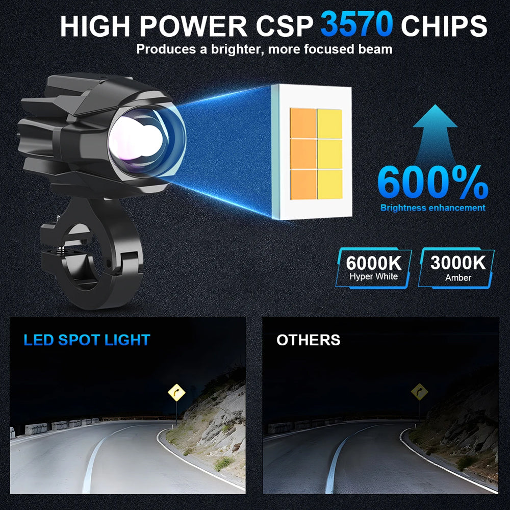 2 x 25W Motorcycle LED Headlight Fog Light 4 Light Modes Universal Moto Light