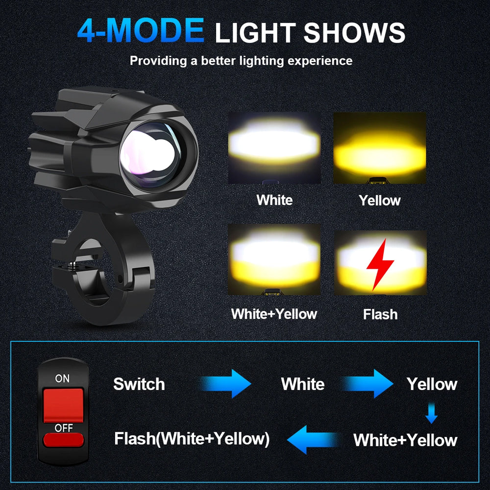 2 x 25W Motorcycle LED Headlight Fog Light 4 Light Modes Universal Moto Light