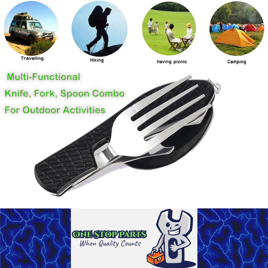 Black Foldable Multi-Functional Knife Fork Spoon Combo for Camping and Travel