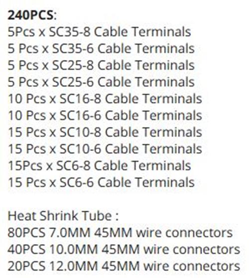 240 Assorted Pack 100 x Solder eye terminal Lugs 6mm 8mm and Heat Shrink (240pc)