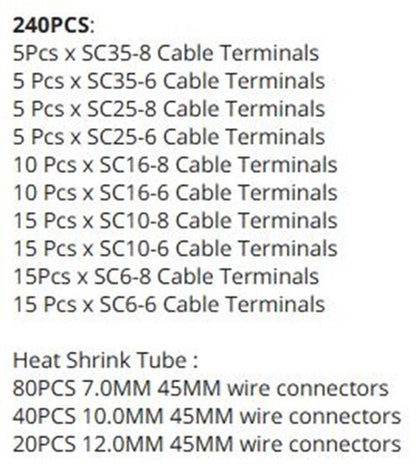 240 Assorted Pack 100 x Solder eye terminal Lugs 6mm 8mm and Heat Shrink (240pc)