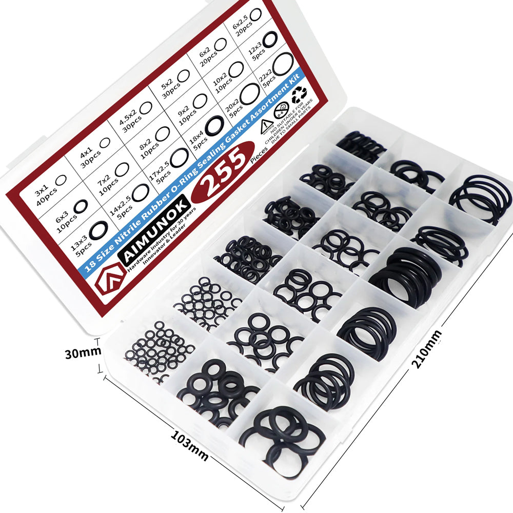 255pcs NBR Rubber O Ring Kit 18 Sizes Seal Gasket Set for Car Plumbing Air Gas
