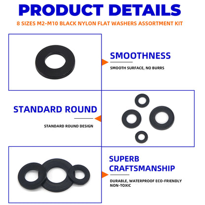 500pcs Nylon Flat Washers Kit 8 Sizes M2/2.5/3/4/5/6/8/10 Sealing Spacer Gasket