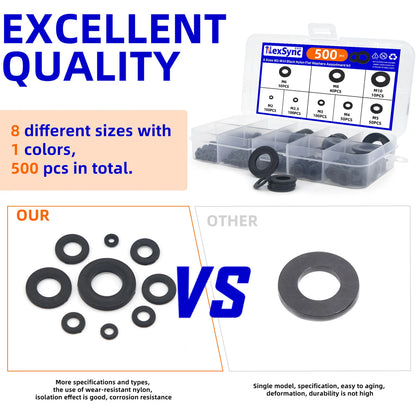500pcs Nylon Flat Washers Kit 8 Sizes M2/2.5/3/4/5/6/8/10 Sealing Spacer Gasket