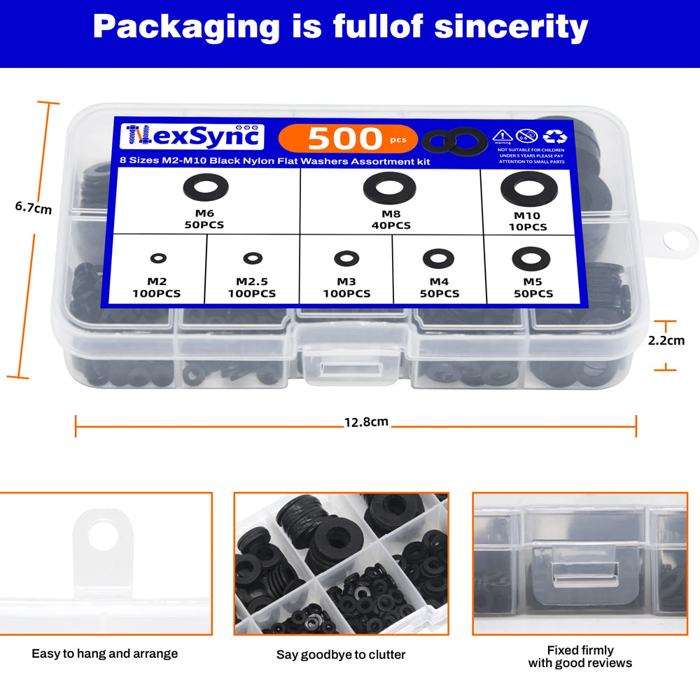 500pcs Nylon Flat Washers Kit 8 Sizes M2/2.5/3/4/5/6/8/10 Sealing Spacer Gasket