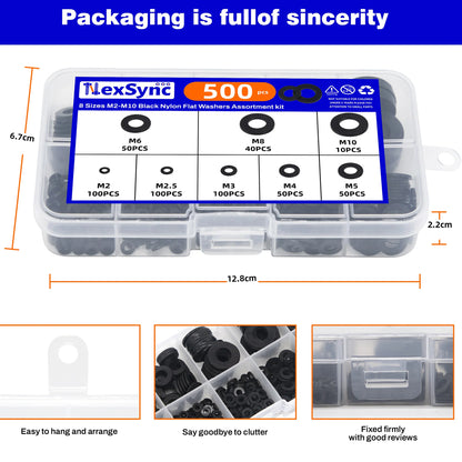 500pcs Nylon Flat Washers Kit 8 Sizes M2/2.5/3/4/5/6/8/10 Sealing Spacer Gasket