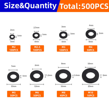 500pcs Nylon Flat Washers Kit 8 Sizes M2/2.5/3/4/5/6/8/10 Sealing Spacer Gasket