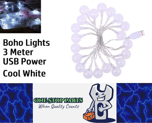 3m Cool White 30 Crystal Ball Garland String Lights USB Powered