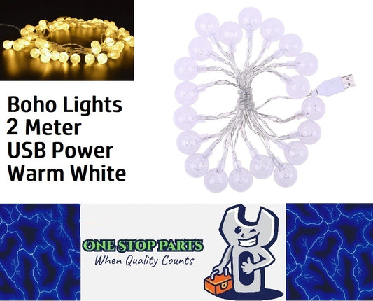 2m Warm White 20 Boho Crystal Ball Garland String Lights USB Powered