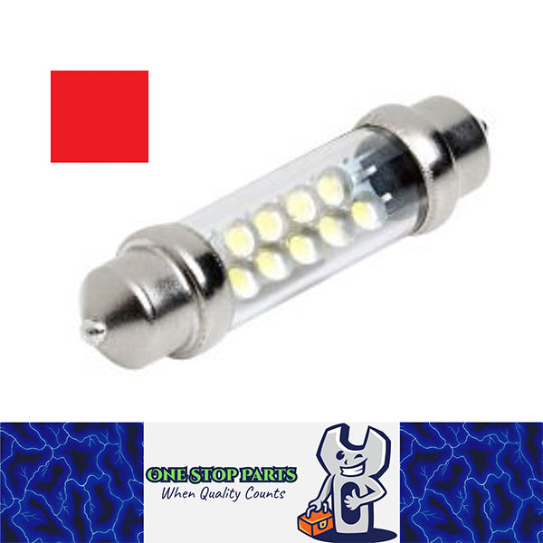 12V Red 43mm Festoon 9 LED FESTOON GLOBE 36 LUMENS FOR INTERIOR LIGHT ...