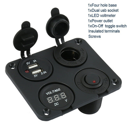 4in1 12V Switch Panel Marine Boat USB Charger Voltmeter Switch and Power Socket