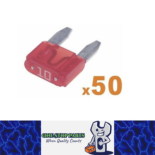 50 x 10amp Mini Blade Fuses Red Mini Wedge Fuse 50pc Pack FREE DELIVERY BULK BUY