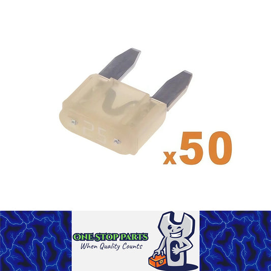 50 x 25amp Mini Blade Fuses White Clear Wedge Fuses 50pc Pack BULK BUY
