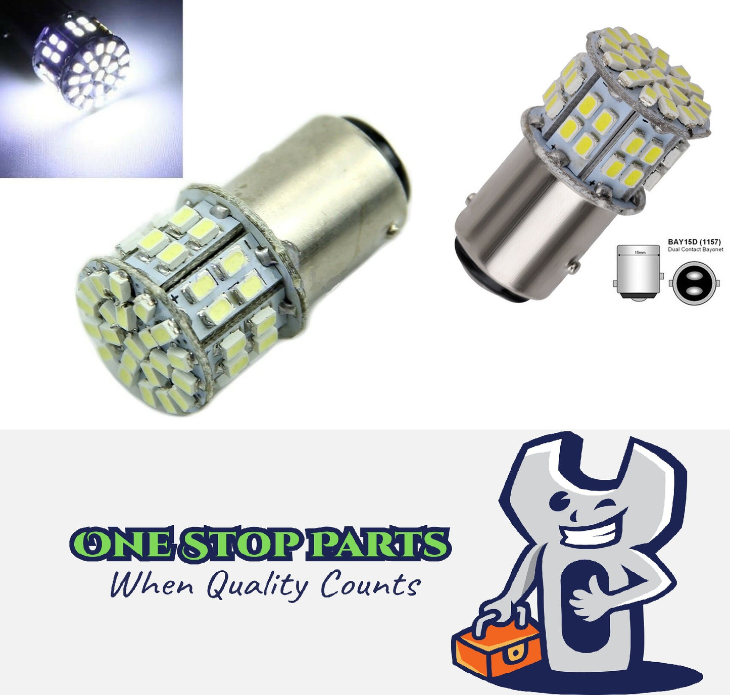 PAIR WHITE BAY15D 1157 12V 50 SMD STOP/TAIL LED GLOBES 140LM/300LM STOP / TAIL