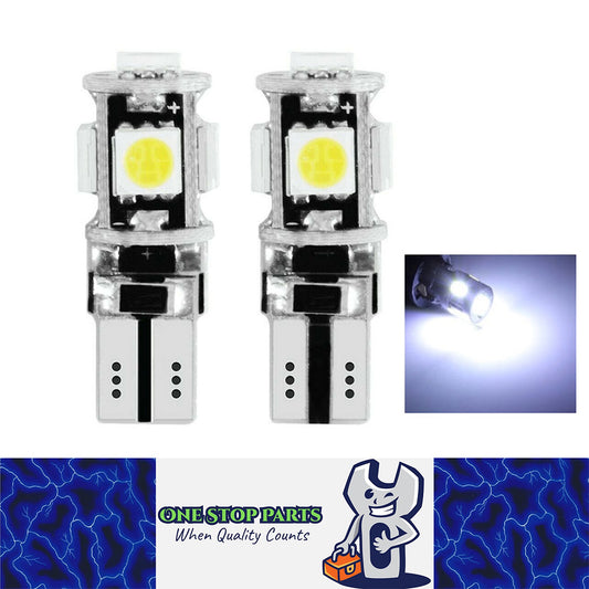 2PCS WHITE 12V T10 5 SMD LED CANBUS STYLE GLOBE REPLACEMENT 88 LUMENS