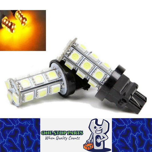 2 x 12V T20 YELLOW LED 7443 7440 LIGHT GLOBE 18 SMD 5050 100/180LM