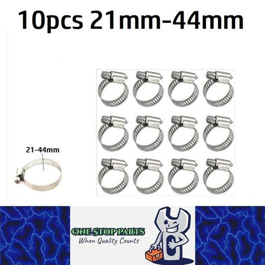 10 x 21-44mm Strong Stainless Steel Hose Clamps wide 10mm x 0.3mm Thick (10pcs)