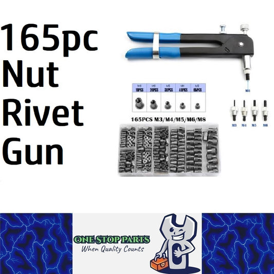 165 Piece Kit Nut Rivet Gun and Silver Alloy Rivets M3 M4 M5 M6 M8 (165pcs)