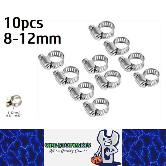 10 x 8-12mm Strong Stainless Steel Hose Clamps 10mm wide x 0.3mm Thick (10pcs)