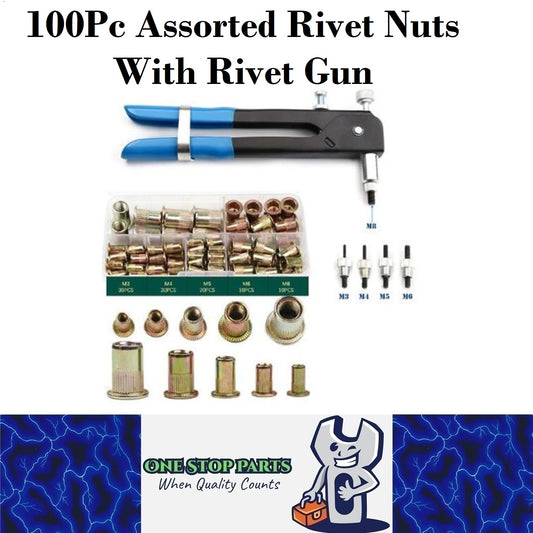 100 Piece Kit Nut Rivet Gun and Tan Alloy Rivets M3 M4 M5 M6 M8 (100pcs)