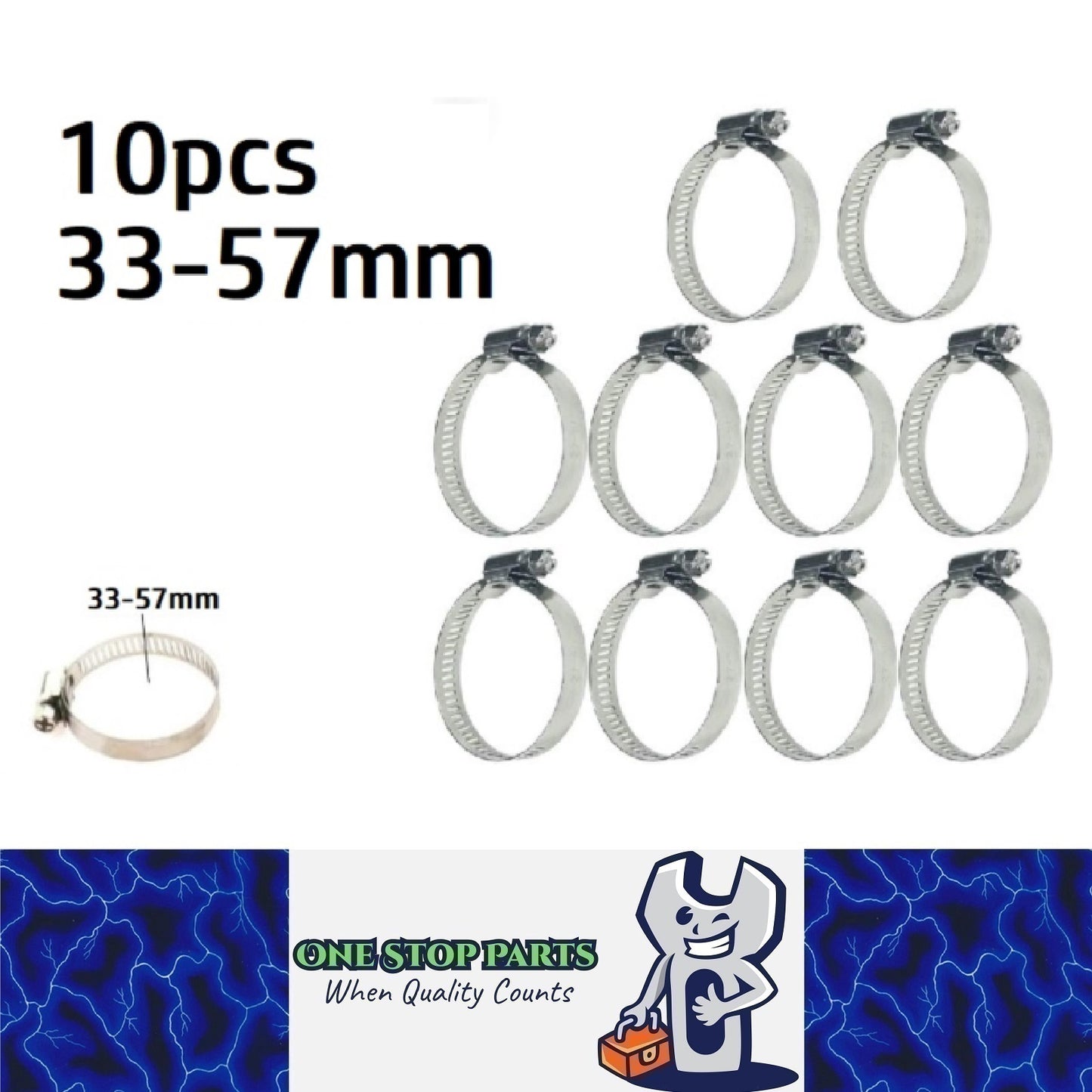 10 x 33-57mm Strong Stainless Steel Hose Clamps wide 10mm x 0.3mm Thick (10pcs)