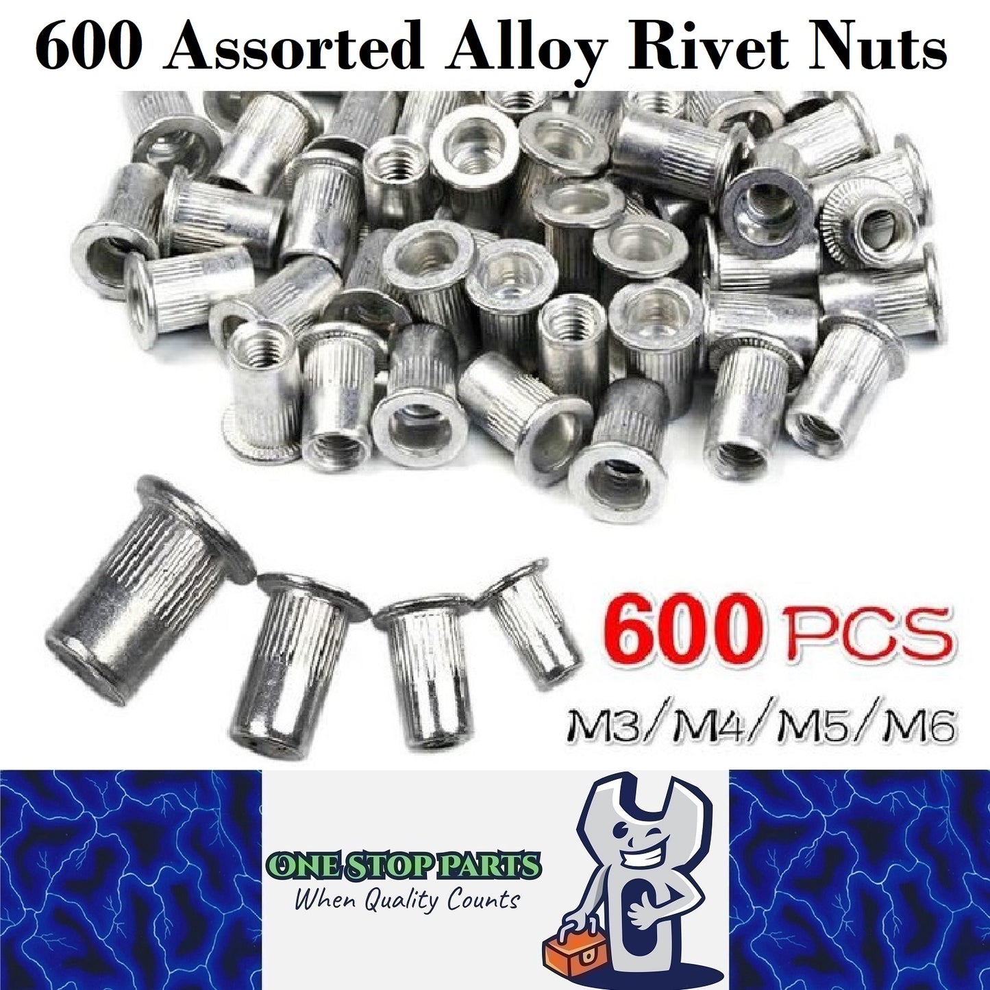 600 Piece Assorted Bulk Alloy Nut Rivets M3 M4 M5 M6 (600pcs NO GUN)