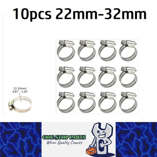 10 x 22-32mm Strong Stainless Steel Hose Clamps wide 10mm x 0.3mm Thick (10pcs)