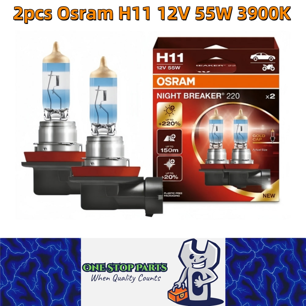 2 x Osram H11 12V 55W Night Breaker 220 Halogen +220% Bright 150m Distance 3900K