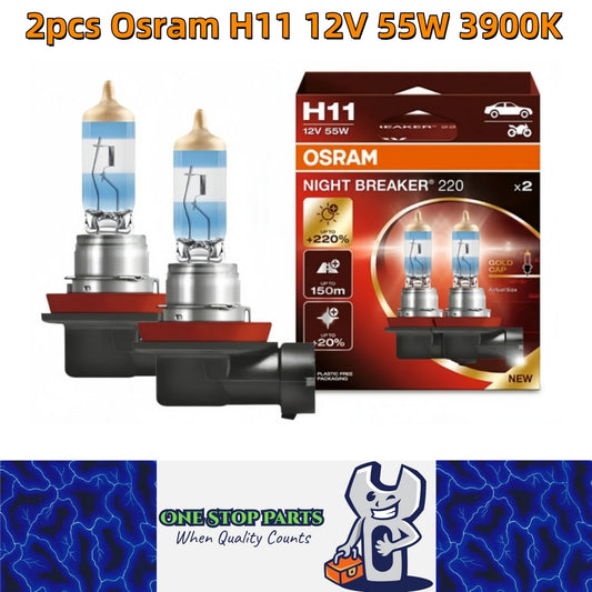 2 x Osram H11 12V 55W Night Breaker 220 Halogen +220% Bright 150m Distance 3900K