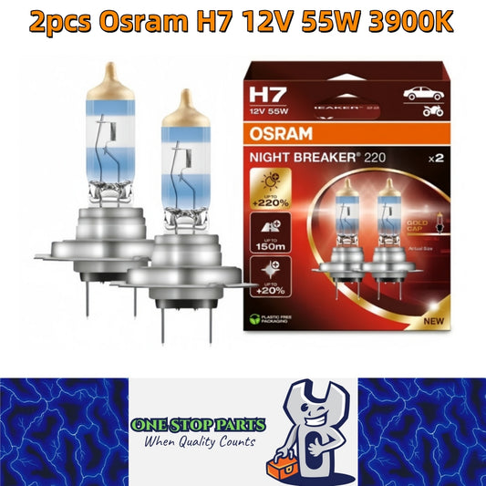 2 x Osram H7 12V 55W Night Breaker 220 Halogen +220% Bright 150m Distance 3900K