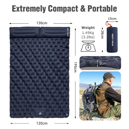 Khaki Outdoor DoubIe Inflatable Mattress with Pillow Sleeping Pad Camping Mat